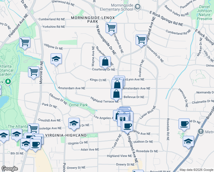 map of restaurants, bars, coffee shops, grocery stores, and more near 921 Amsterdam Avenue Northeast in Atlanta