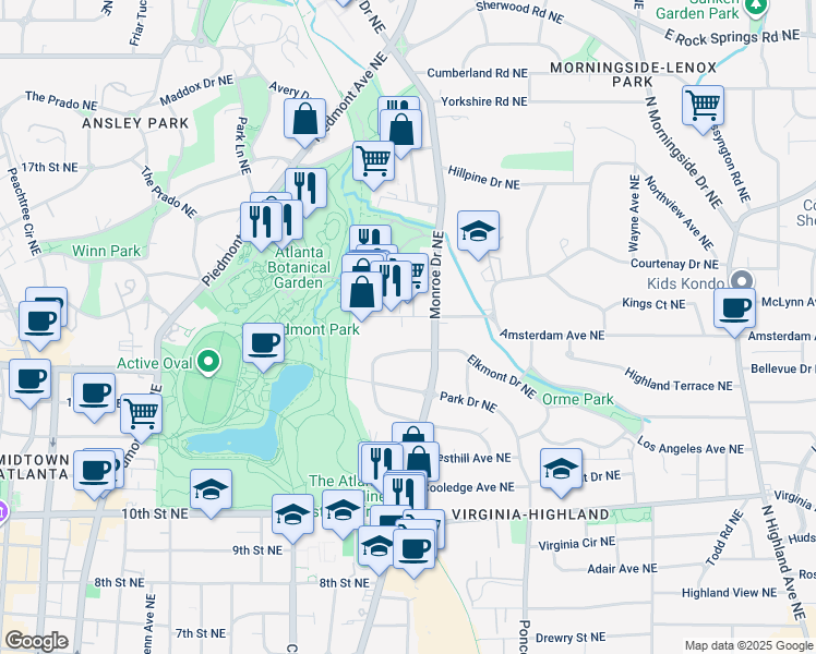 map of restaurants, bars, coffee shops, grocery stores, and more near 573 Amsterdam Avenue Northeast in Atlanta