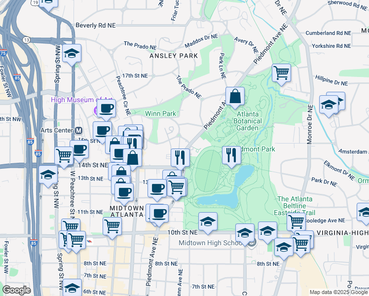 map of restaurants, bars, coffee shops, grocery stores, and more near 1198 Piedmont Avenue Northeast in Atlanta