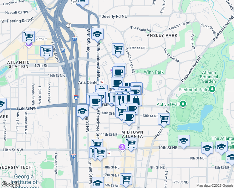 map of restaurants, bars, coffee shops, grocery stores, and more near 32 15th Street Northeast in Atlanta