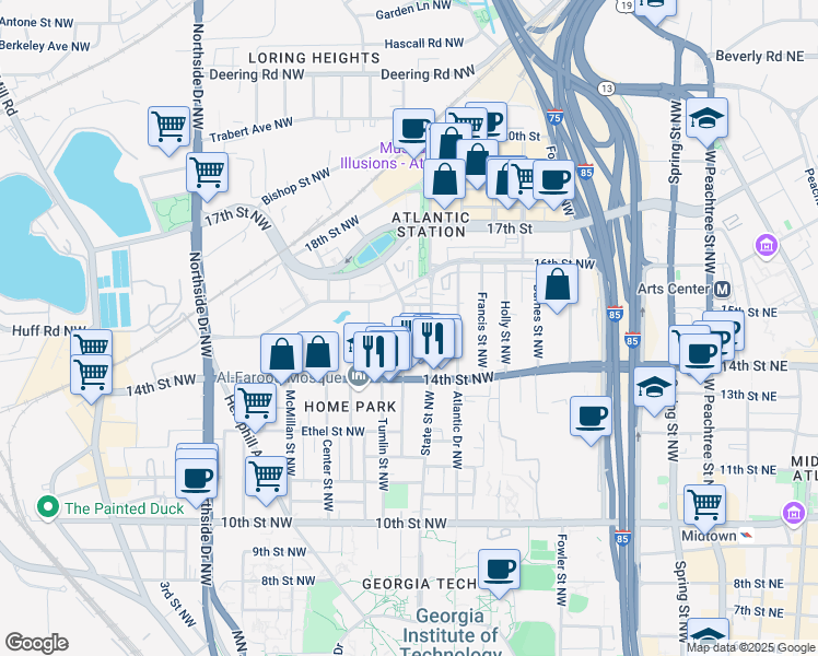 map of restaurants, bars, coffee shops, grocery stores, and more near 1214 State Street Northwest in Atlanta
