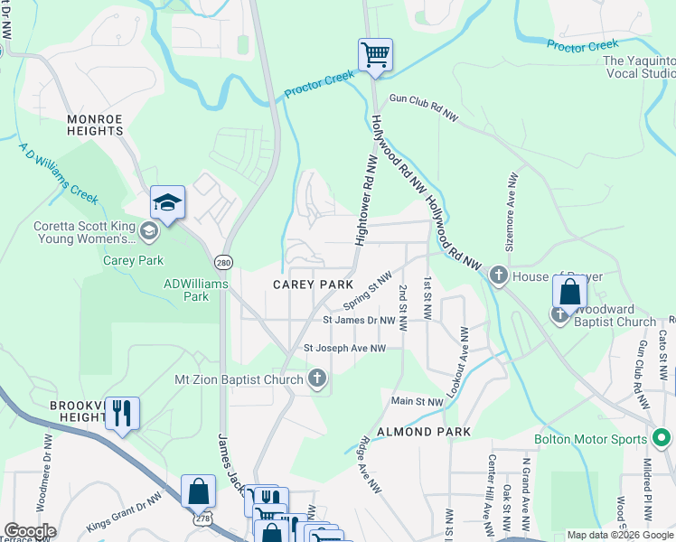 map of restaurants, bars, coffee shops, grocery stores, and more near 1185 Hightower Road Northwest in Atlanta