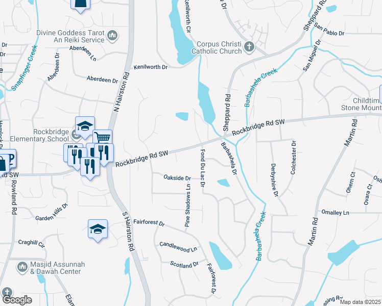 map of restaurants, bars, coffee shops, grocery stores, and more near 5101 Rockbridge Road Southwest in Stone Mountain