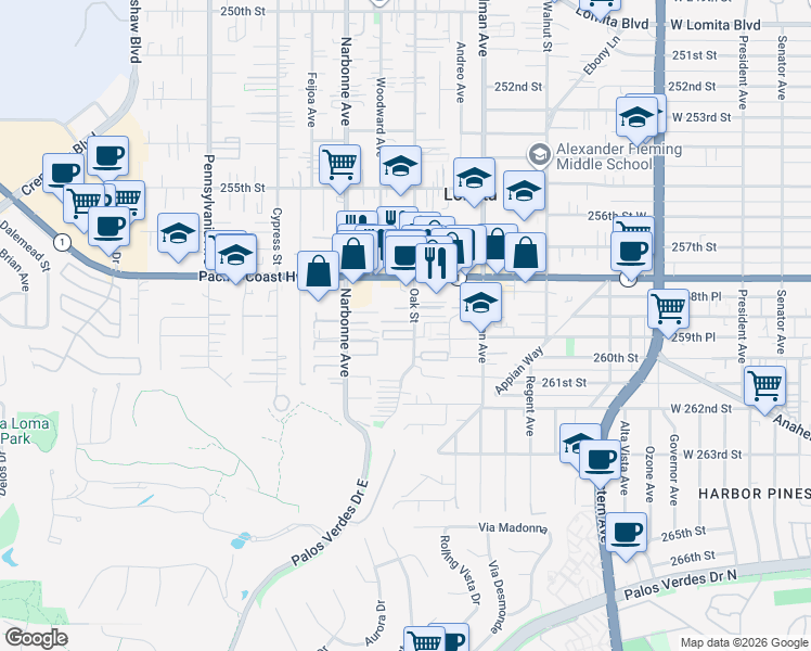map of restaurants, bars, coffee shops, grocery stores, and more near 25907 Oak Street in Lomita
