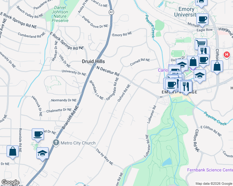 map of restaurants, bars, coffee shops, grocery stores, and more near 1194 Oxford Road Northeast in Atlanta