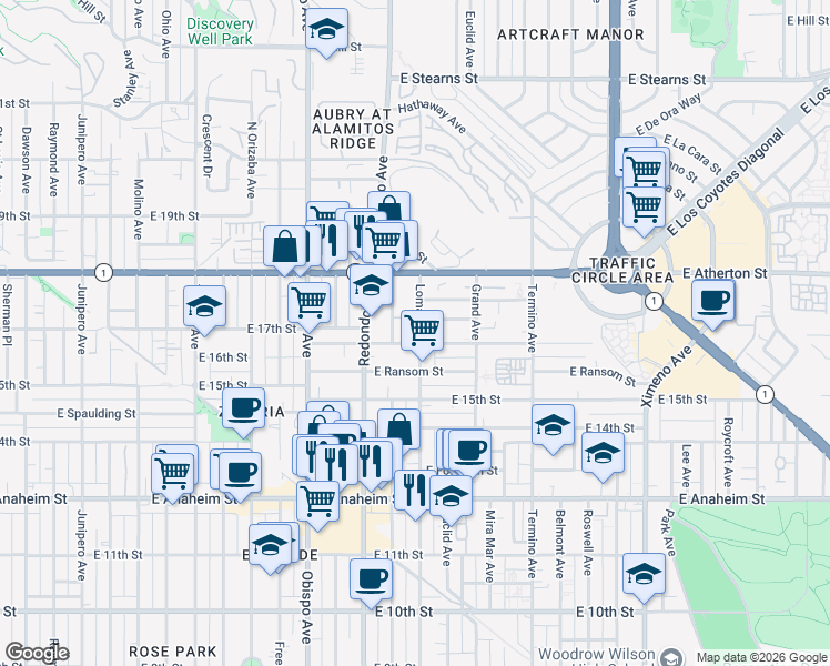map of restaurants, bars, coffee shops, grocery stores, and more near 1669 Loma Avenue in Long Beach