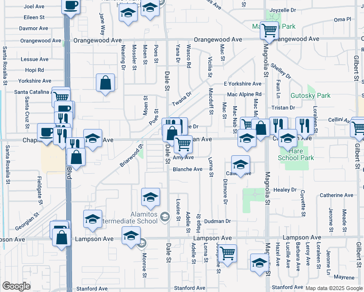 map of restaurants, bars, coffee shops, grocery stores, and more near 8581 Amy Avenue in Garden Grove