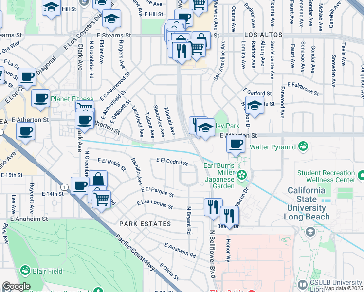 map of restaurants, bars, coffee shops, grocery stores, and more near 5480 East Atherton Street in Long Beach