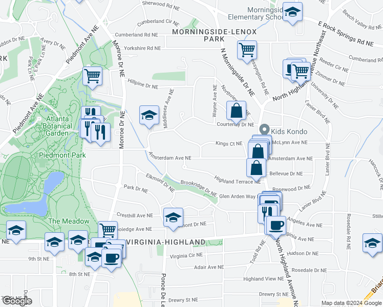 map of restaurants, bars, coffee shops, grocery stores, and more near 786 Amsterdam Avenue Northeast in Atlanta