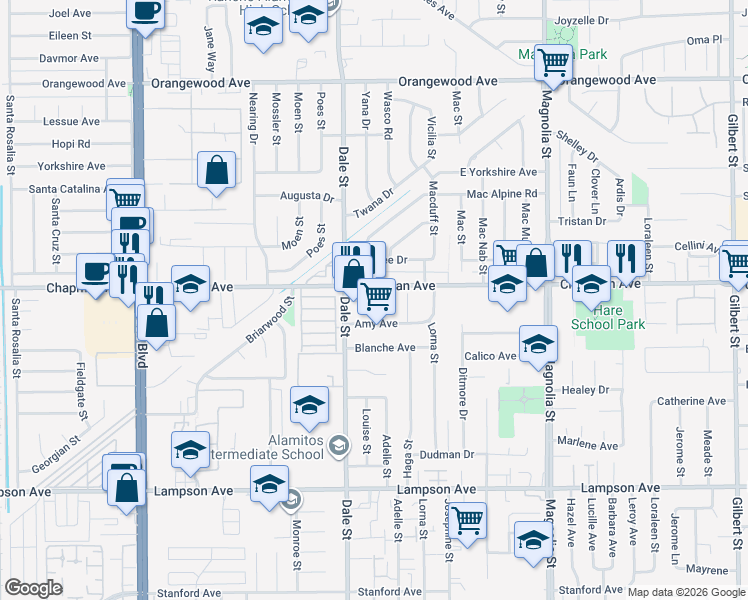 map of restaurants, bars, coffee shops, grocery stores, and more near 8581 Amy Avenue in Garden Grove