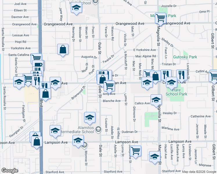 map of restaurants, bars, coffee shops, grocery stores, and more near in Stanton
