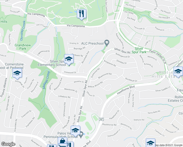 map of restaurants, bars, coffee shops, grocery stores, and more near 26431 Dunwood Road in Rolling Hills Estates