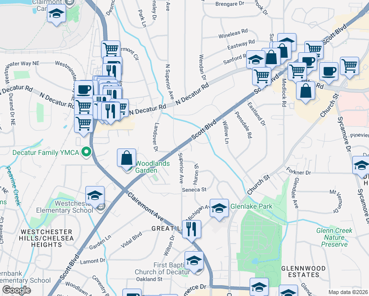 map of restaurants, bars, coffee shops, grocery stores, and more near 311 Superior Avenue in Decatur