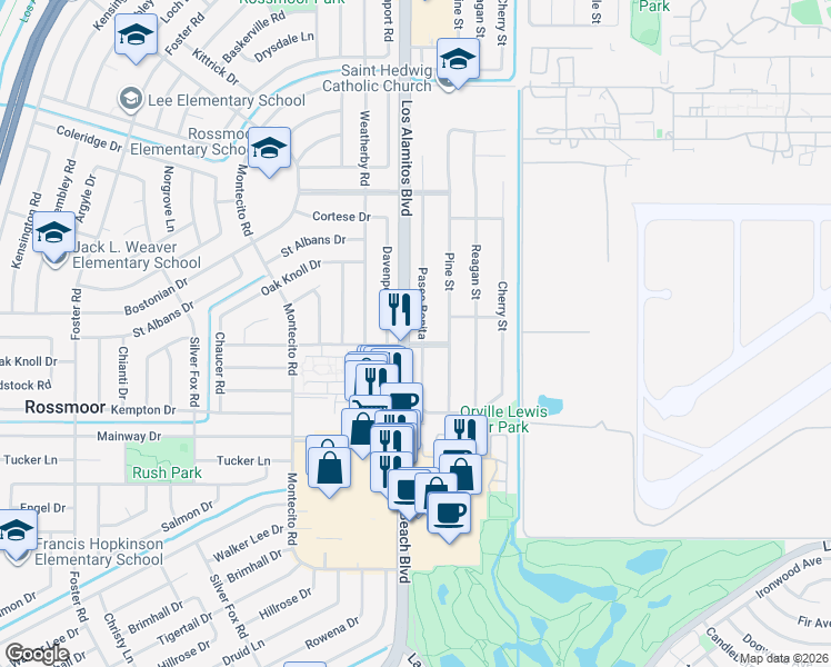 map of restaurants, bars, coffee shops, grocery stores, and more near 12041 Paseo Bonita in Los Alamitos