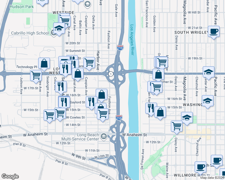 map of restaurants, bars, coffee shops, grocery stores, and more near 1651 Fashion Avenue in Long Beach