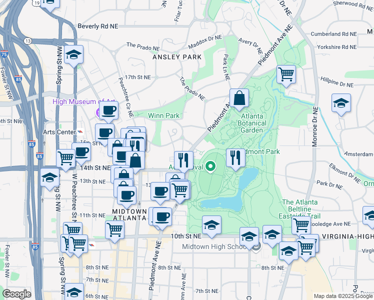 map of restaurants, bars, coffee shops, grocery stores, and more near 1206 Piedmont Avenue Northeast in Atlanta