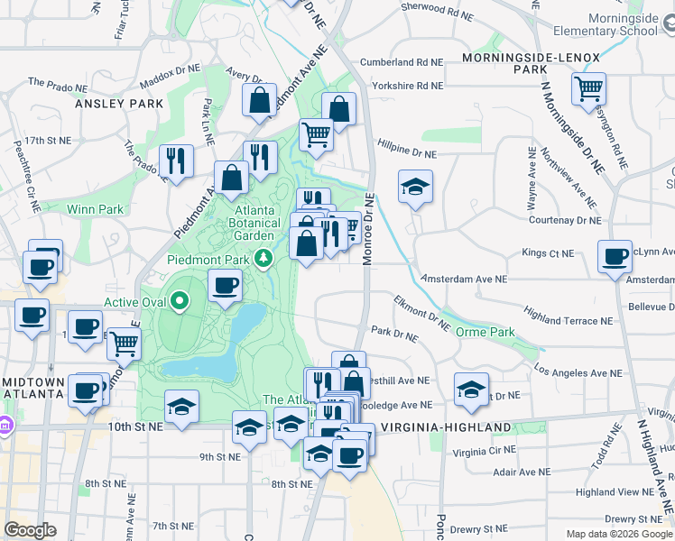 map of restaurants, bars, coffee shops, grocery stores, and more near 559 Amsterdam Avenue Northeast in Atlanta