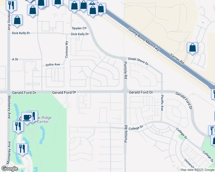 map of restaurants, bars, coffee shops, grocery stores, and more near Mondrian Place in Palm Desert