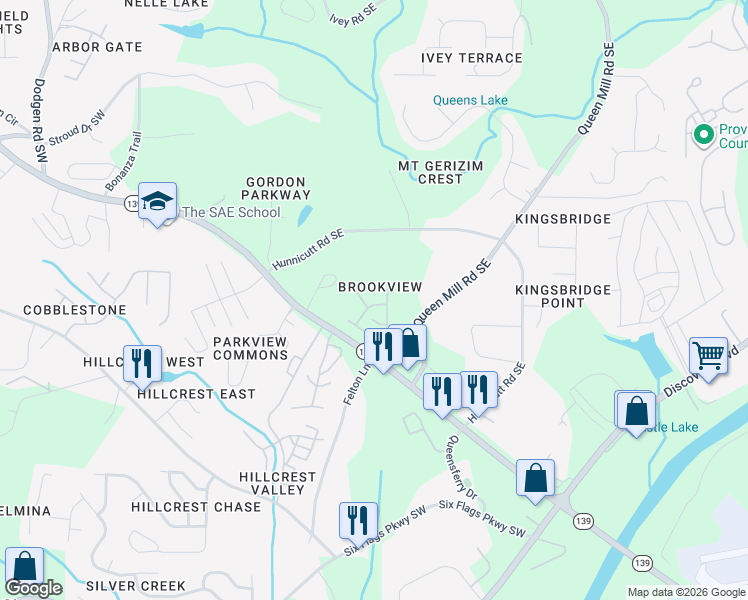 map of restaurants, bars, coffee shops, grocery stores, and more near 6778 Blackstone Place in Mableton