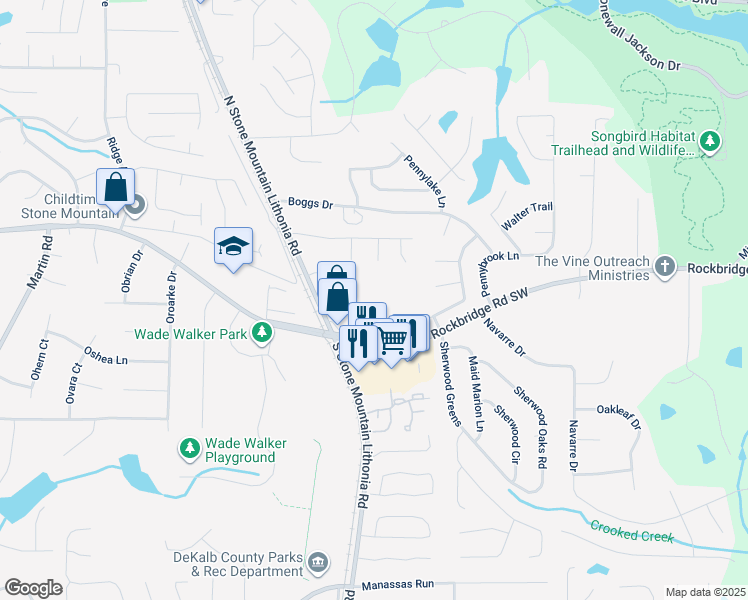 map of restaurants, bars, coffee shops, grocery stores, and more near 5734 Rockbridge Road Southwest in Stone Mountain