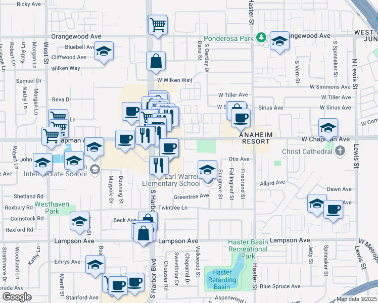 map of restaurants, bars, coffee shops, grocery stores, and more near 12668 Chapman Avenue in Garden Grove