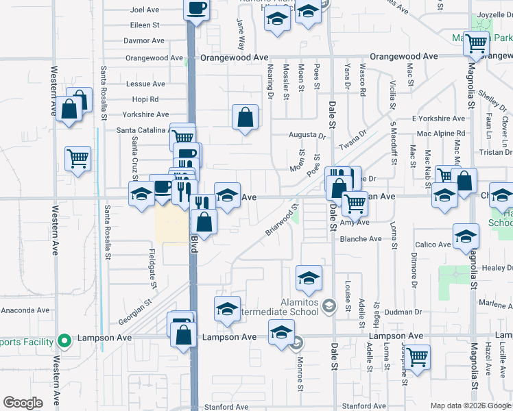 map of restaurants, bars, coffee shops, grocery stores, and more near 8300 Chapman Avenue in Stanton