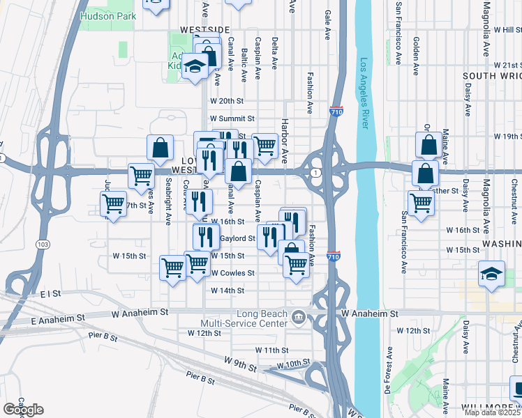 map of restaurants, bars, coffee shops, grocery stores, and more near 1600 Caspian Avenue in Long Beach