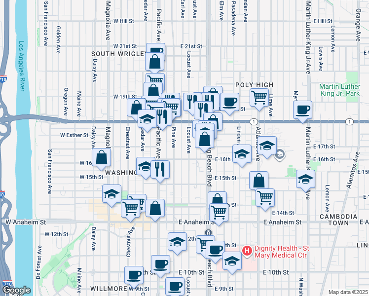 map of restaurants, bars, coffee shops, grocery stores, and more near 1641 Locust Avenue in Long Beach