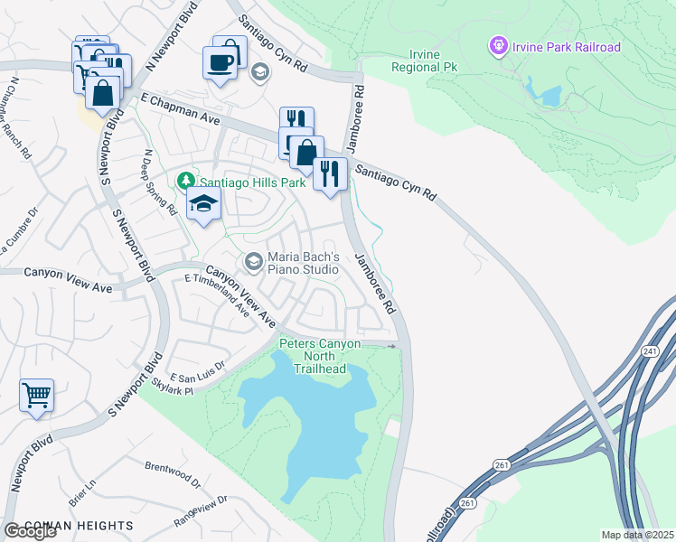 map of restaurants, bars, coffee shops, grocery stores, and more near 8525 East Biscayne Way in Orange