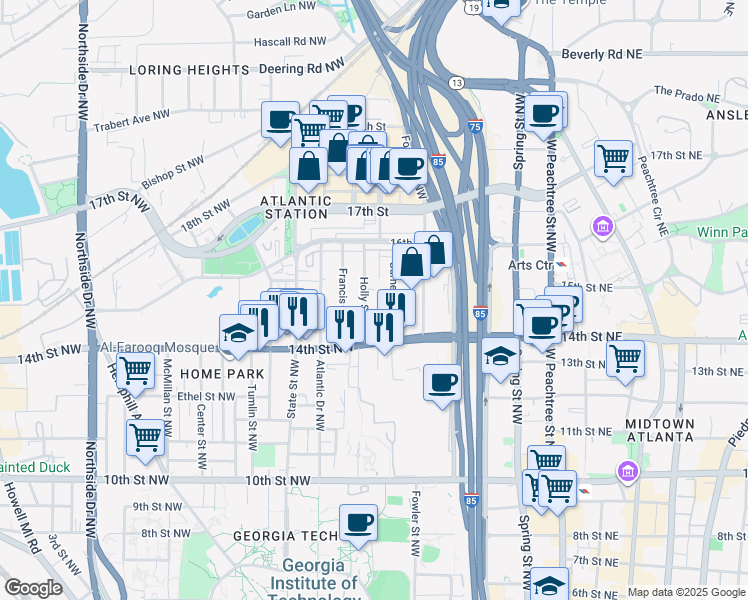 map of restaurants, bars, coffee shops, grocery stores, and more near 1196 Holly Street Northwest in Atlanta