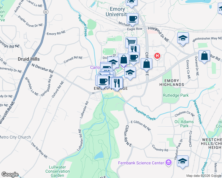 map of restaurants, bars, coffee shops, grocery stores, and more near 1577 North Decatur Road in Atlanta