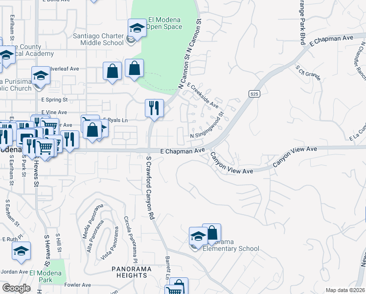 map of restaurants, bars, coffee shops, grocery stores, and more near 112 East Chapman Avenue in Orange
