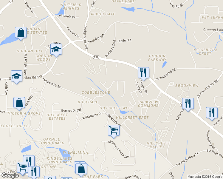 map of restaurants, bars, coffee shops, grocery stores, and more near 6853 Bridgewood Drive in Austell