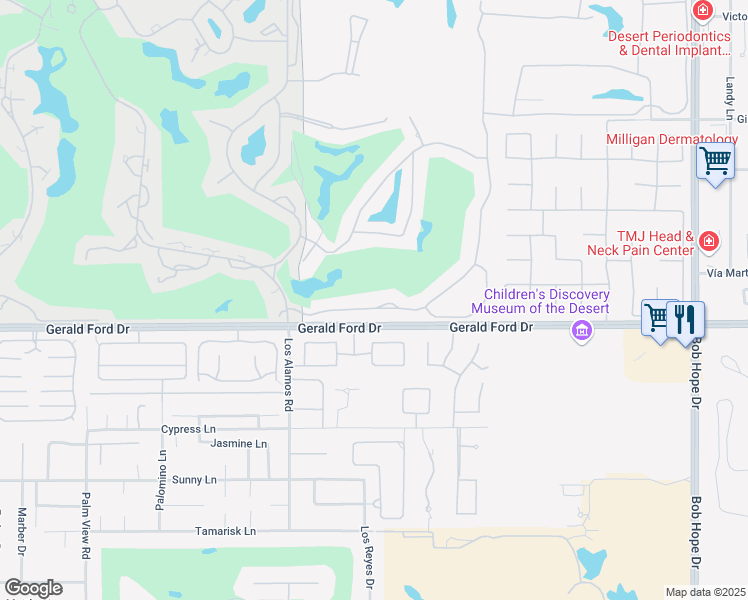 map of restaurants, bars, coffee shops, grocery stores, and more near 17 Oakmont Drive in Rancho Mirage