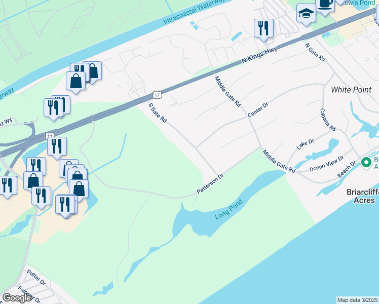map of restaurants, bars, coffee shops, grocery stores, and more near 10 South Gate Road in Myrtle Beach