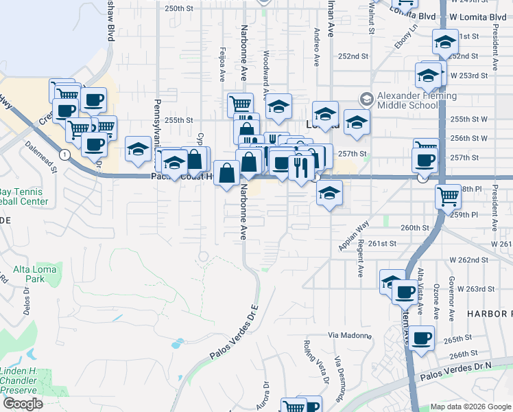 map of restaurants, bars, coffee shops, grocery stores, and more near 25921 Oak Street in Lomita