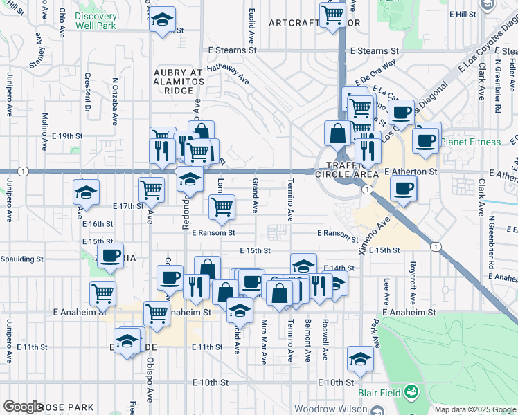 map of restaurants, bars, coffee shops, grocery stores, and more near 1662 Grand Avenue in Long Beach