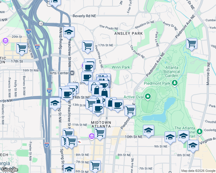 map of restaurants, bars, coffee shops, grocery stores, and more near 1197 Peachtree Street Northeast in Atlanta