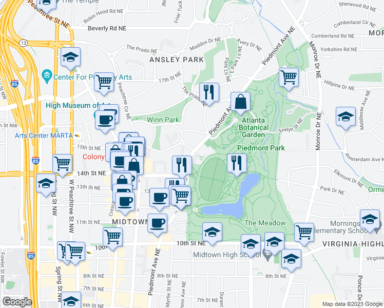 map of restaurants, bars, coffee shops, grocery stores, and more near 1205 Piedmont Avenue Northeast in Atlanta