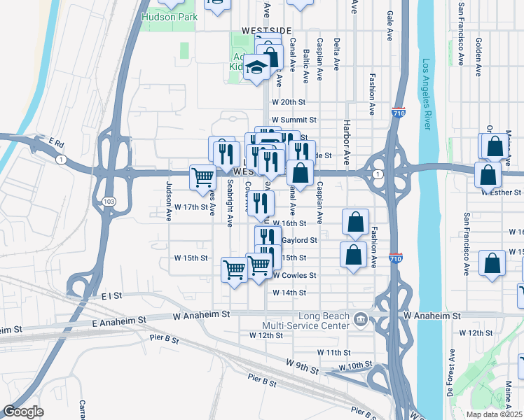 map of restaurants, bars, coffee shops, grocery stores, and more near 1657 West 16th Street in Long Beach
