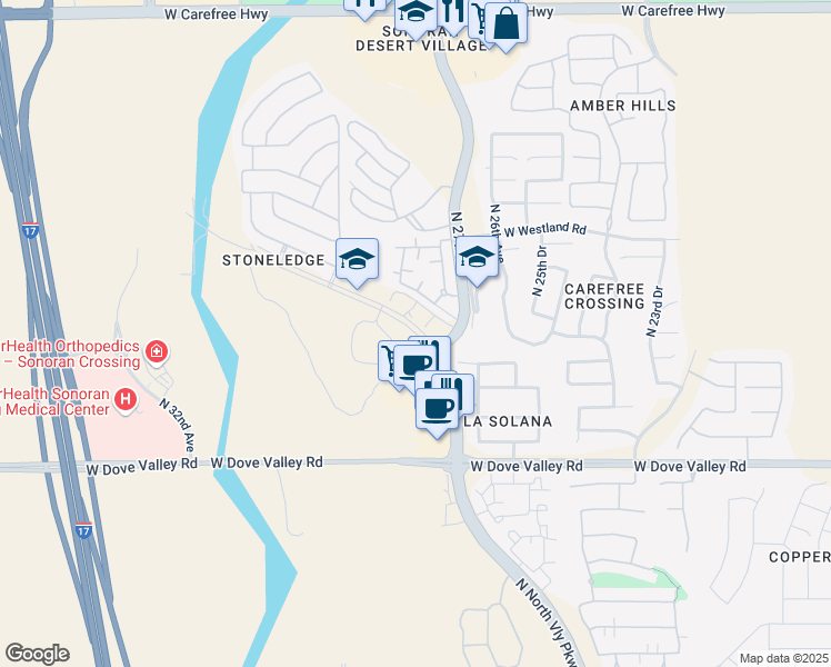map of restaurants, bars, coffee shops, grocery stores, and more near 33500 North Valley Parkway in Phoenix