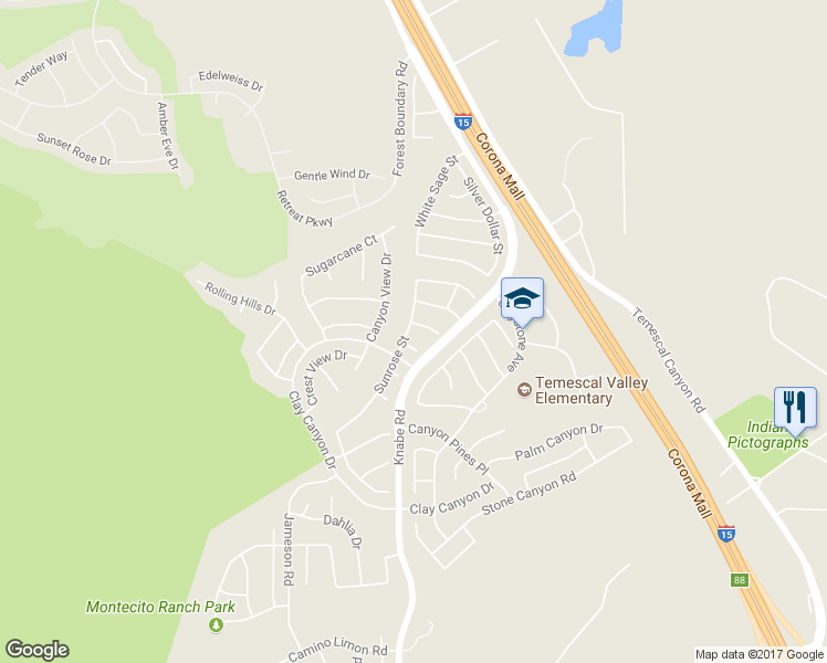 map of restaurants, bars, coffee shops, grocery stores, and more near 9045 Pink Moss Court in Corona