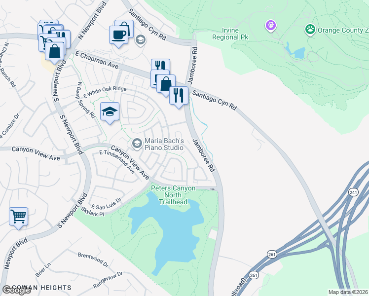 map of restaurants, bars, coffee shops, grocery stores, and more near 8525 East Biscayne Way in Orange