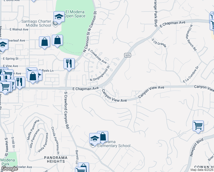 map of restaurants, bars, coffee shops, grocery stores, and more near 158 South Stonebrook Drive in Orange
