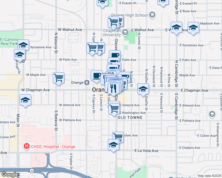 map of restaurants, bars, coffee shops, grocery stores, and more near 100 West Chapman Avenue in Orange