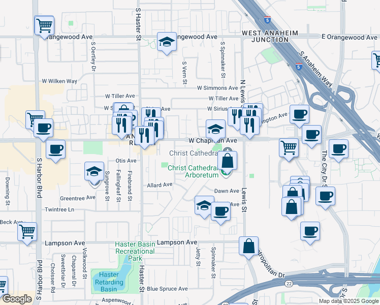 map of restaurants, bars, coffee shops, grocery stores, and more near 12072 Laguna Street in Garden Grove