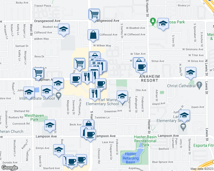 map of restaurants, bars, coffee shops, grocery stores, and more near 12651 Falcon Lane in Garden Grove