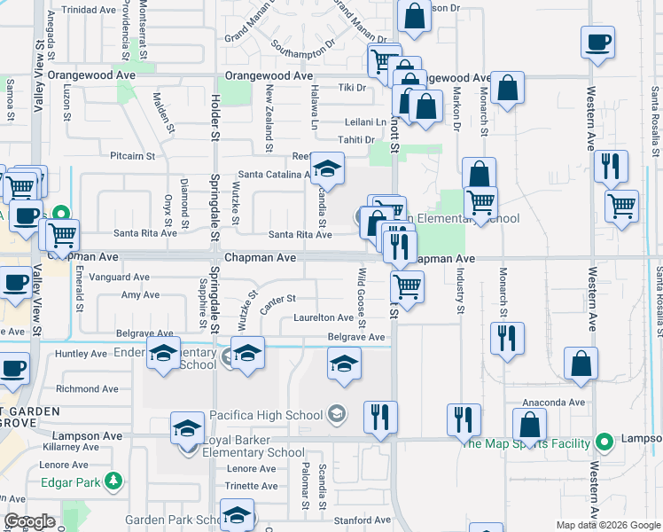 map of restaurants, bars, coffee shops, grocery stores, and more near 6821 Vanguard Avenue in Garden Grove