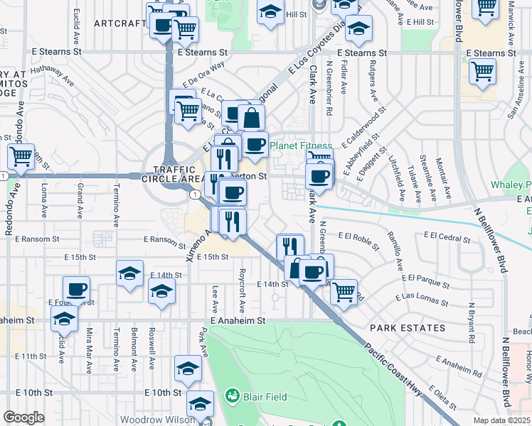 map of restaurants, bars, coffee shops, grocery stores, and more near 1611 Gish Avenue in Long Beach