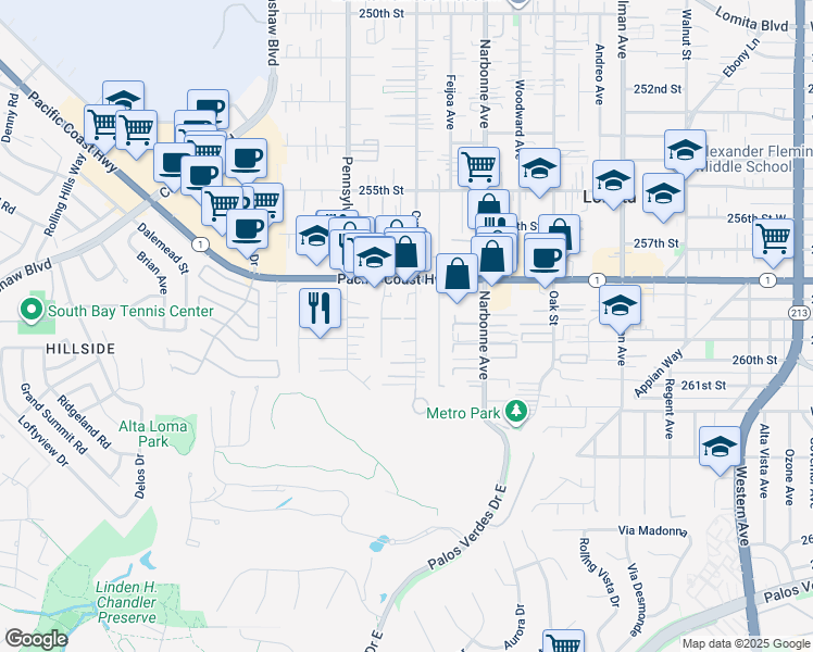 map of restaurants, bars, coffee shops, grocery stores, and more near 25919 Cypress Street in Lomita